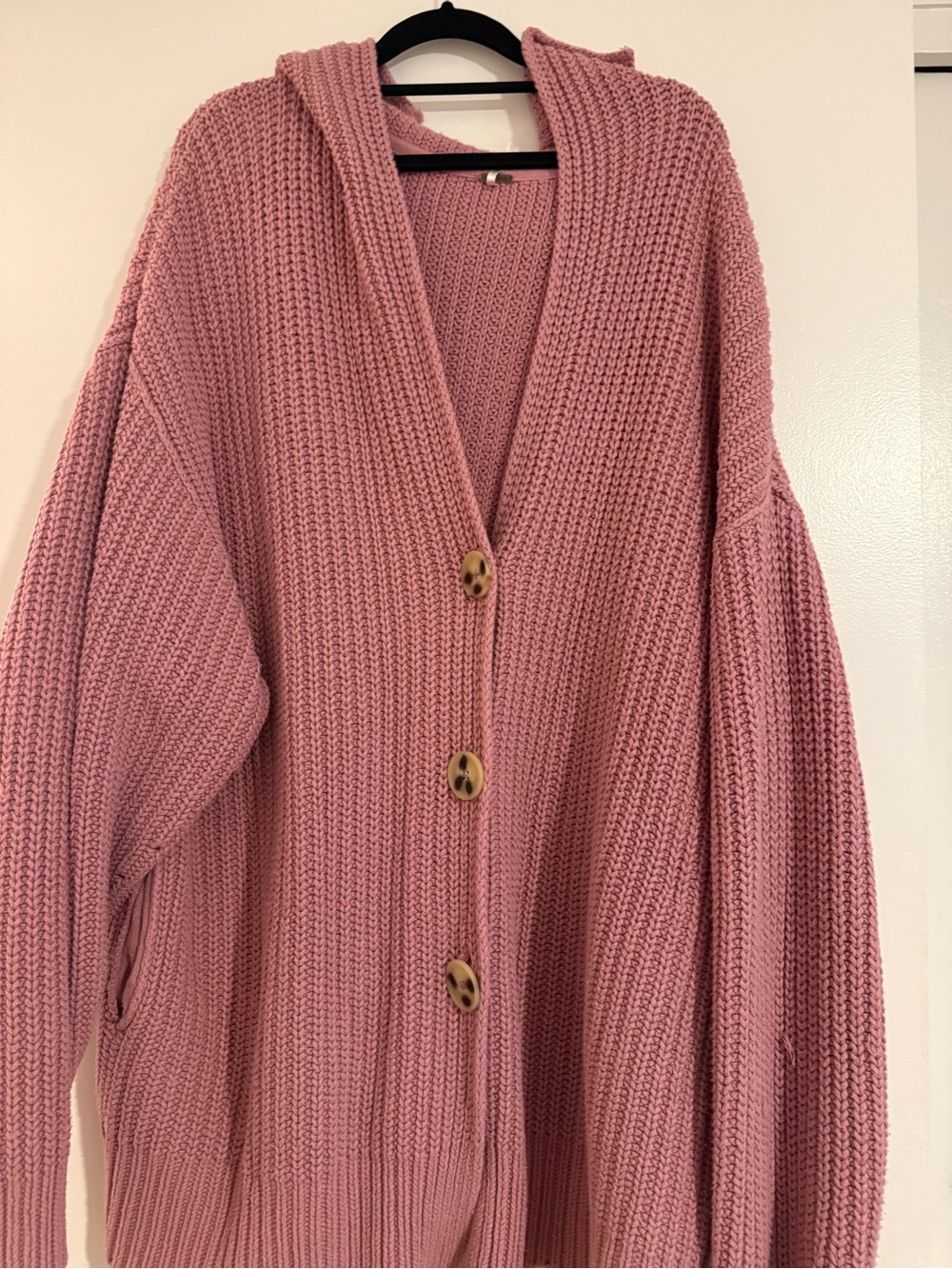 FREE PEOPLE Oversized Pink Knit Hooded Cardigan Sweater